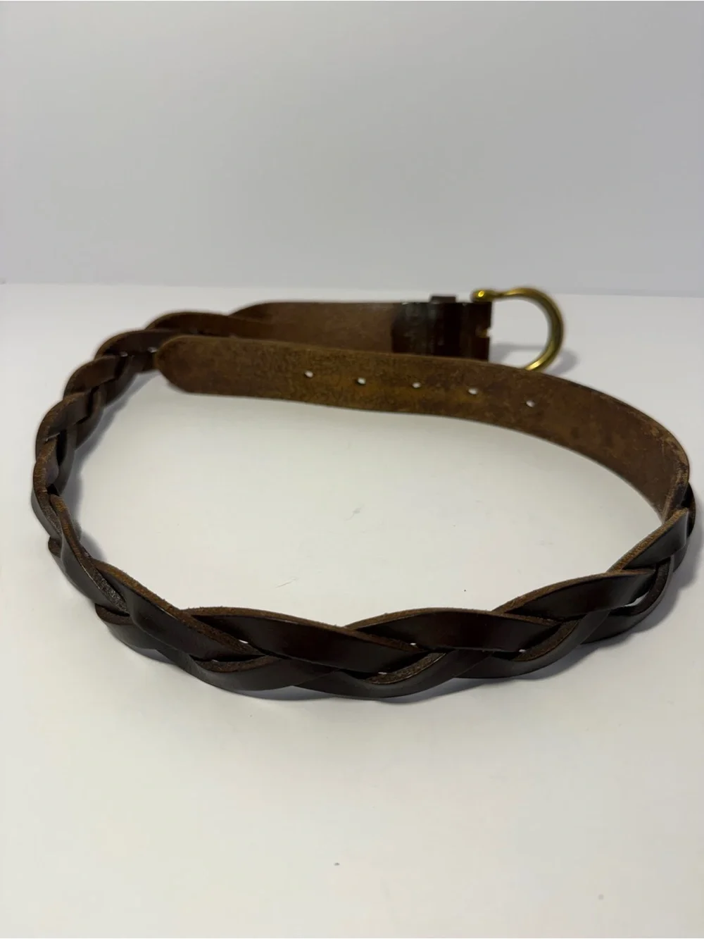 Vintage 90s Great Land Dark Brown Braided Leather Belt Solid Brass Small
